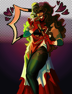 drawing of an original character wielding an axe and pressing the dull side of the metal axhead against her cheek. she has voluminous brown hair and scarred, tan skin with teal markings. he wears a ripped, white dress stained with blood that is draping bel