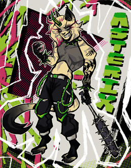 digital illustration of an anthro lynx holding a barbed baseball bat and a baseball. they are looking at the viewer mischievously. they have pink hair highlights, a green horn, a centipede tattoo on their left arm, and ink dripping tattoos emphasizing thei