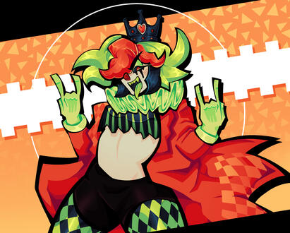 digital illustration of a clown. they are smiling mischievously with their tongue out and doing metal sign gestures. the clown has red, green, and blue hair and is wearing a tattered crop top, gloves, a trench coat, and a neck ruffle.