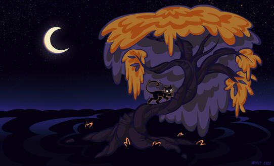 digital illustration of a black cat climbing up a tree with sagging leaves. a crescent moon is shining down on them.