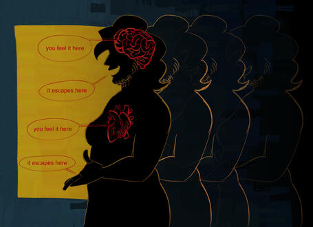 a digital painting of a silhouette talking with its brain and heart highlighted. there are text bubbles attached to the silhouette. the first is attached to the brain and reads ‘you feel it here’. the second is attached to the mouth and reads ‘it escapes h