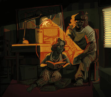 a digital painting of two original characters named evelyn and elliot sitting together while surrounded by stacks of paper and archival boxes. evelyn sits on the floor holding a file folder, and elliot sits on a chair showing evelyn some documents. there i