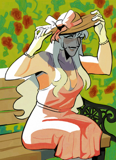 digital painting of a pale man with long, flowing white hair sitting on a garden bench in front of rose bushes. his sun hat casts a shadow upon his smiling face and his low-cut sundress reveals a large scar across his chest.