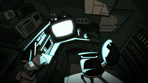 digital illustration of a ham radio shack. the room is dark but illuminated with the blue glow of a crt television.