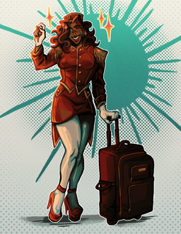 pinup of a smiling bellhop holding a hotel key in one hand and luggage in the other. a luminous warm light shines upon his figure and sparkles surround his head. she has brown hair and scarred, tan skin with teal markings.