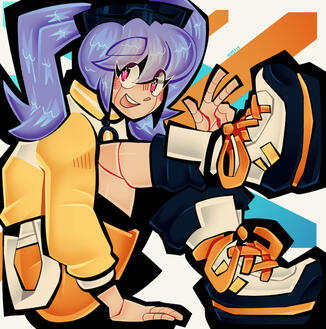 digital drawing of a robot girl sitting as if she's trapped in a box. she is smiling and giving the peace sign to the audience. she has purple hair and pale skin.