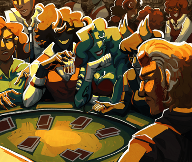 a digital painting of 5 people sitting around a poker table with other casino patrons in the background. the characters at the table from left to right are listed as follows: first, there is a woman looking irritated as her companion points to her cards. s