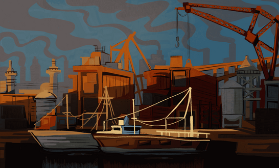 a digital painting of an industrial harbour at sunrise. 2 small boats wait in the water as smog clouds the blue sky.