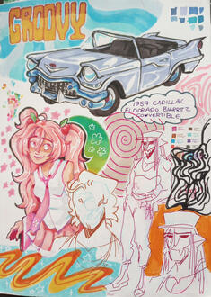 a series of unrelated pen and marker sketches. at the top, there is a lavender 1957 cadillac convertible with the text 'GROOVY' floating above it. to the left, there is hatsune miku. to the right, there is various sketches of bipedal, humanoid aliens