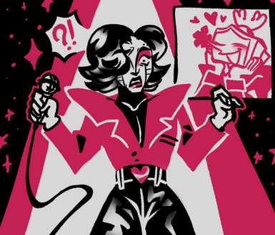 a drawing of mettaton under the spotlight with a shocked and confused expression. in the corner, there is a small panel of tenna blushing with a flower coming out the tip of his nose.