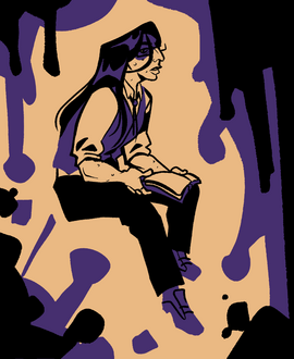 drawing of a person hunched over with a book in their lap