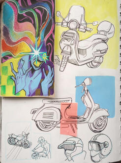 various sketches of motorcycles, vespas, helmets, as well as a taped in illustration of someone with billowing, colourful smoke coming from their head. their right eye is glowing and they are in shock.