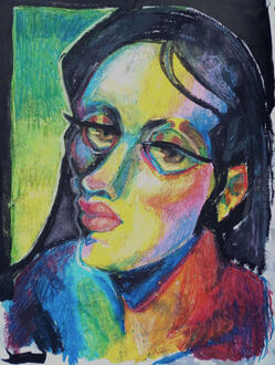 an oil pastel portrait of a woman looking bored at the viewer.