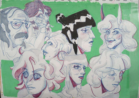 drawings of different characters' faces on a green background.