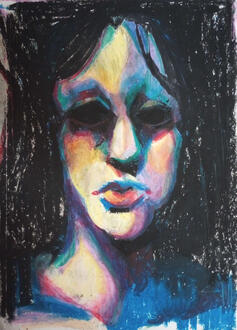 oil pastel portrait of a woman's face shrouded in darkness. she has a neutral expression and her eyes are not visible.